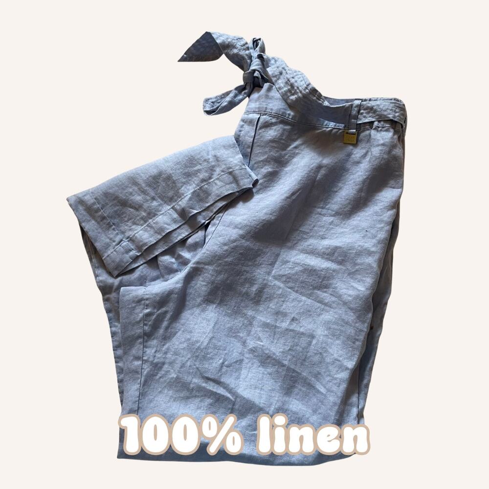 ELLEN TRACY pants light blue 100% linen XL with belt half elastic waist NWOT